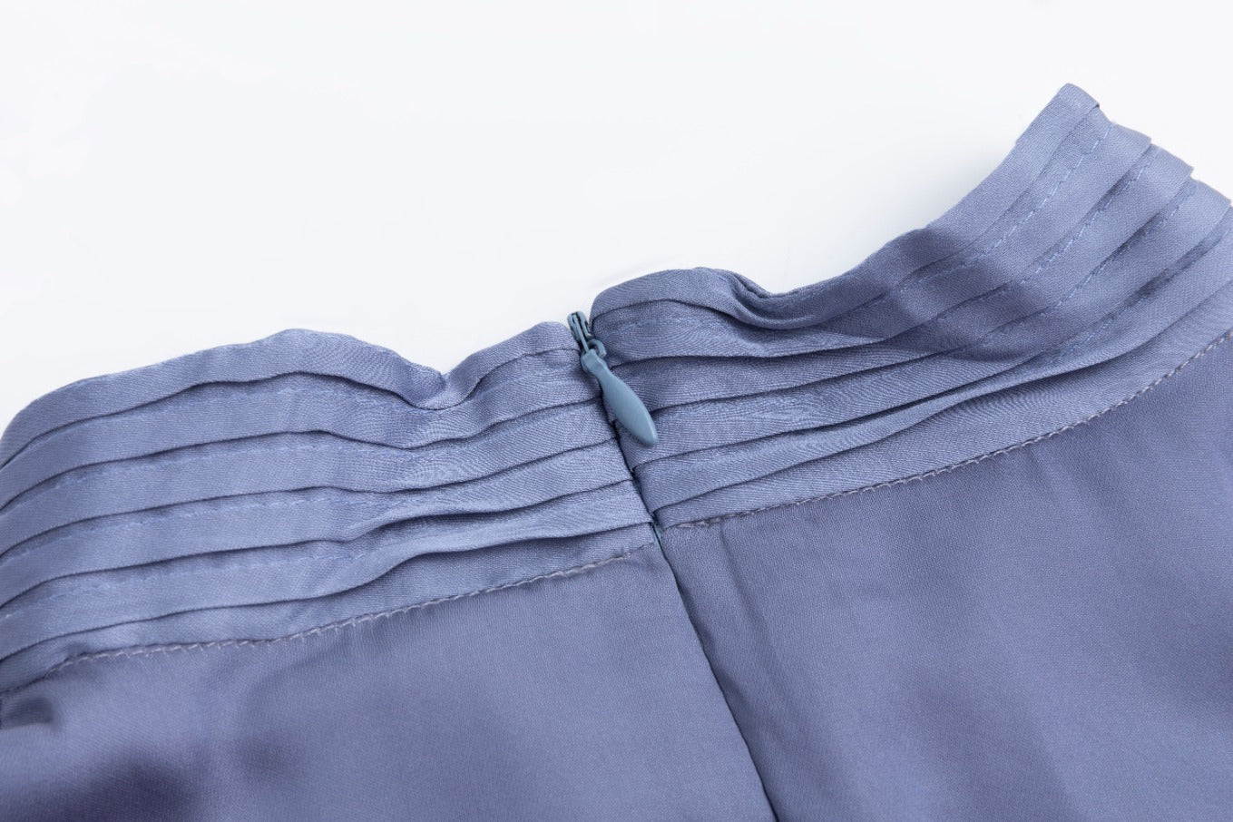 Slate Blue Pleated Dress With Pleated Neckline Detail