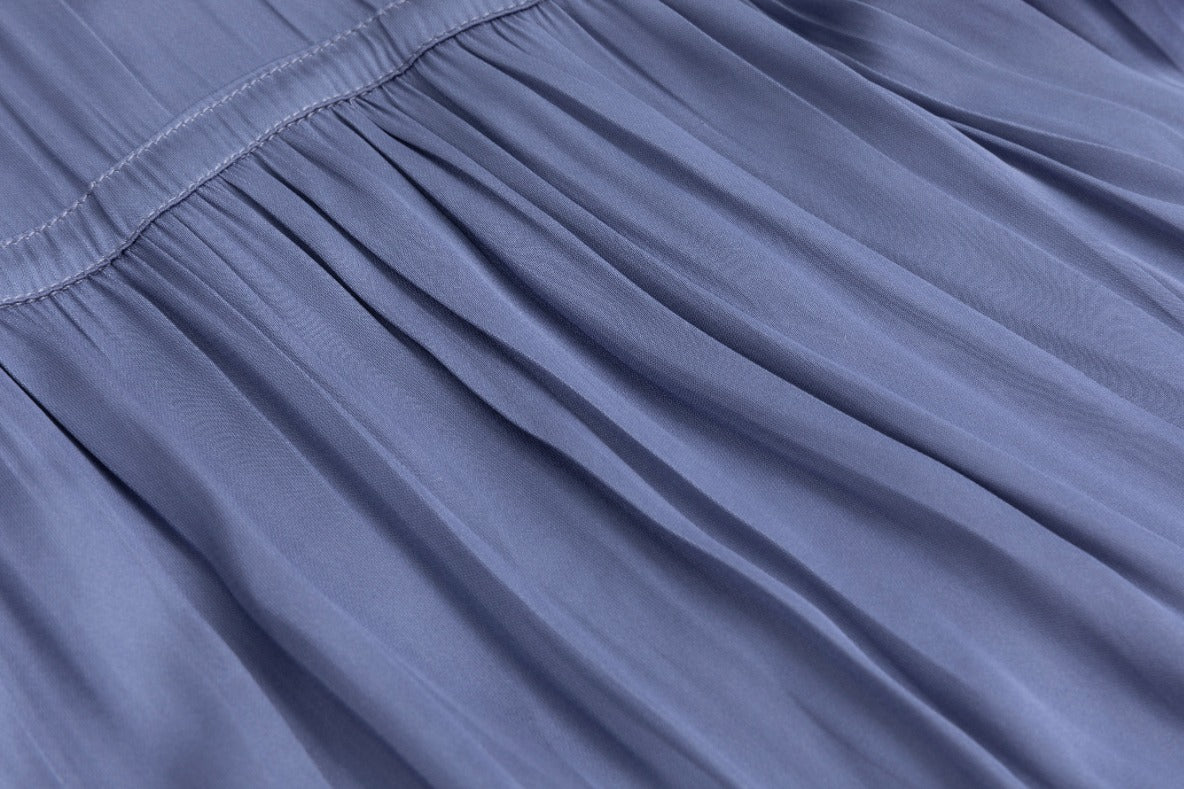 Slate Blue Pleated Dress With Pleated Neckline Detail