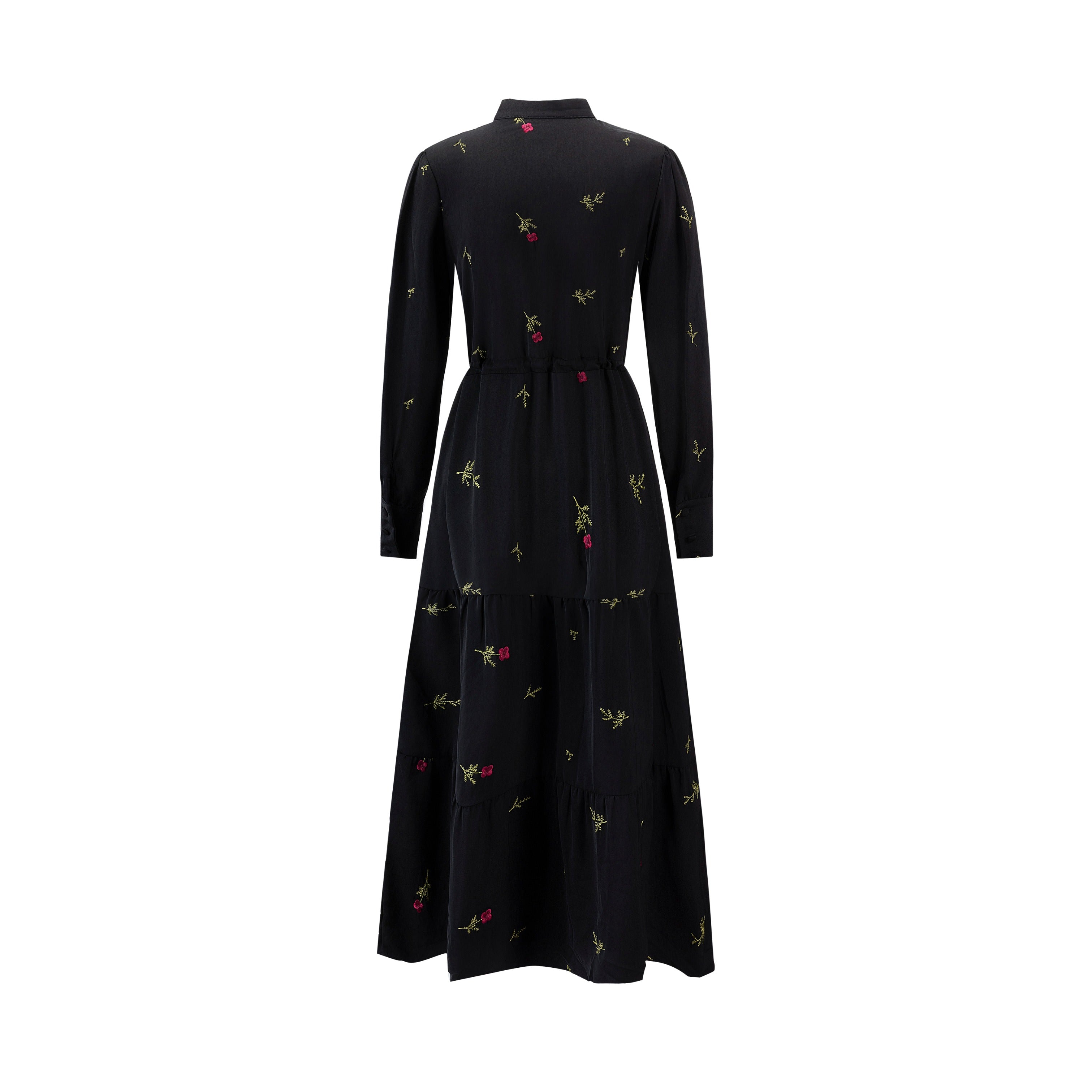 Black Drawstring Dress With Floral Embroidery