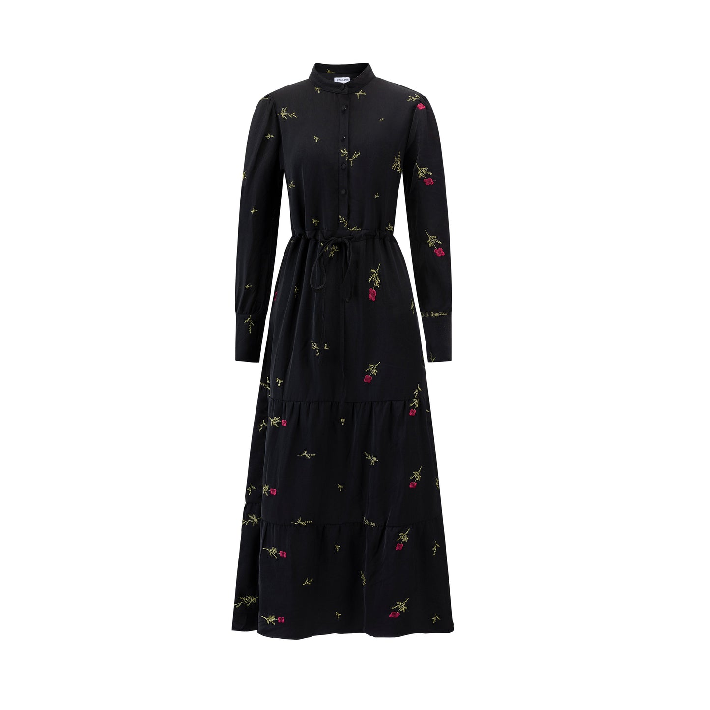 Black Drawstring Dress With Floral Embroidery