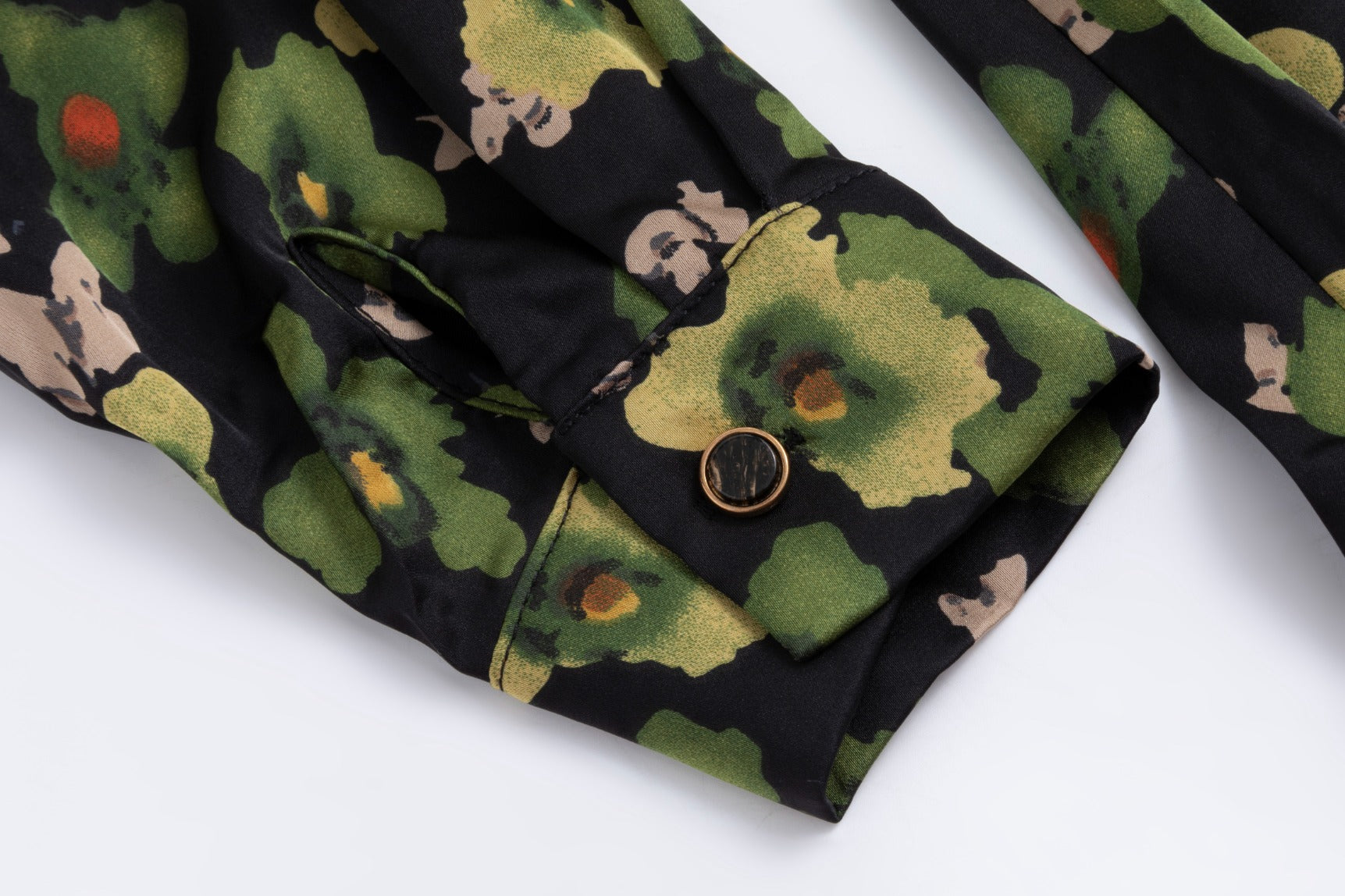 Green Flower Printed Dress With Gold Buttons