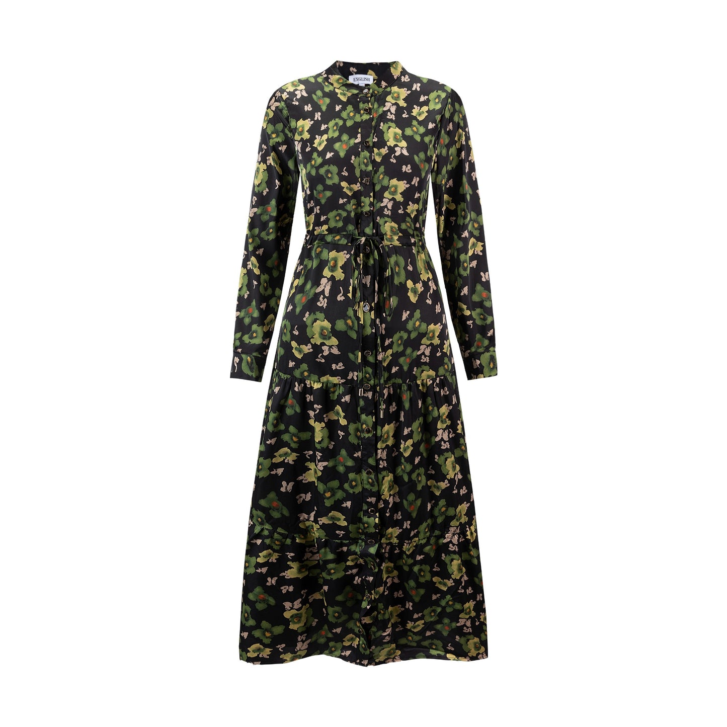 Green Flower Printed Dress With Gold Buttons