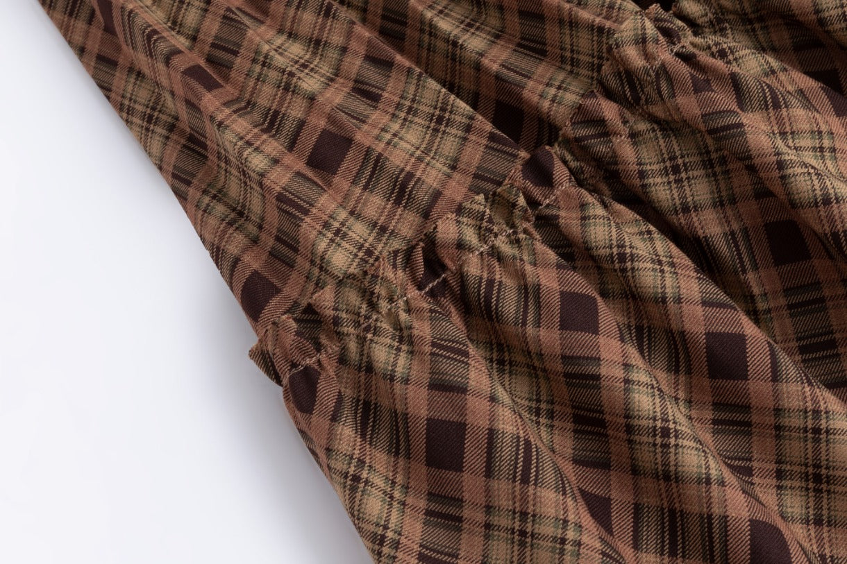 Brown Checkered Pleated Layer Skirt