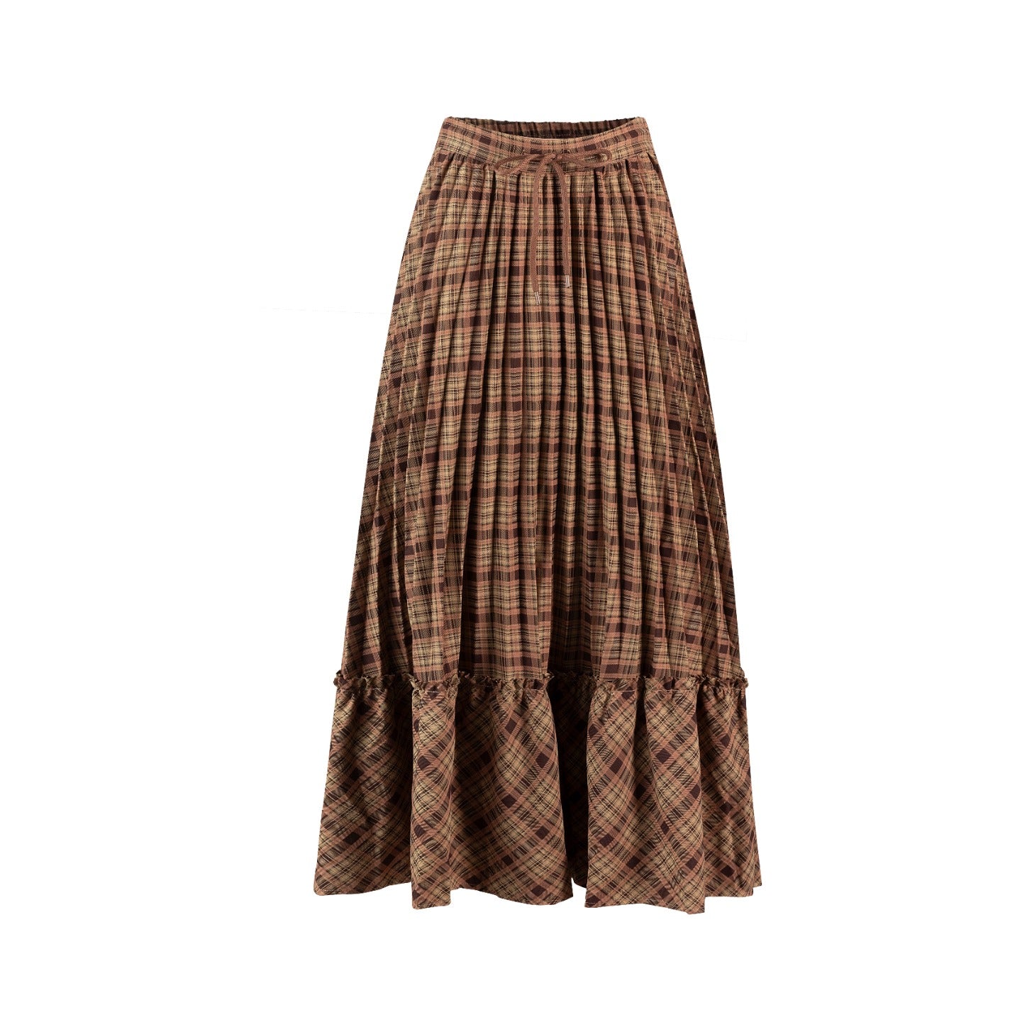 Brown Checkered Pleated Layer Skirt