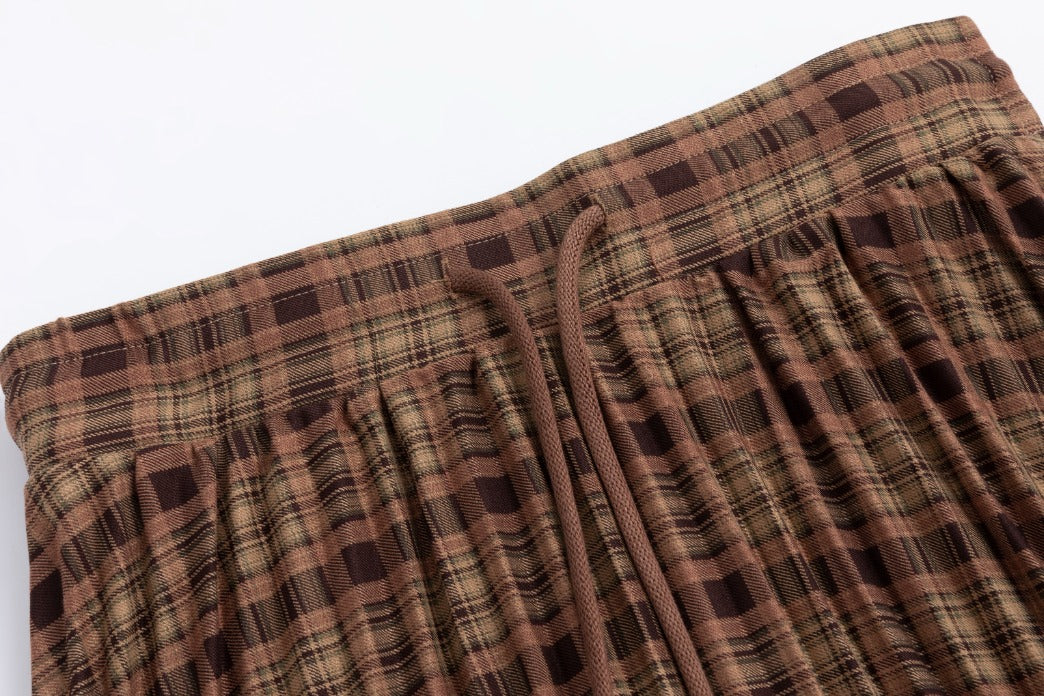 Brown Checkered Pleated Layer Skirt