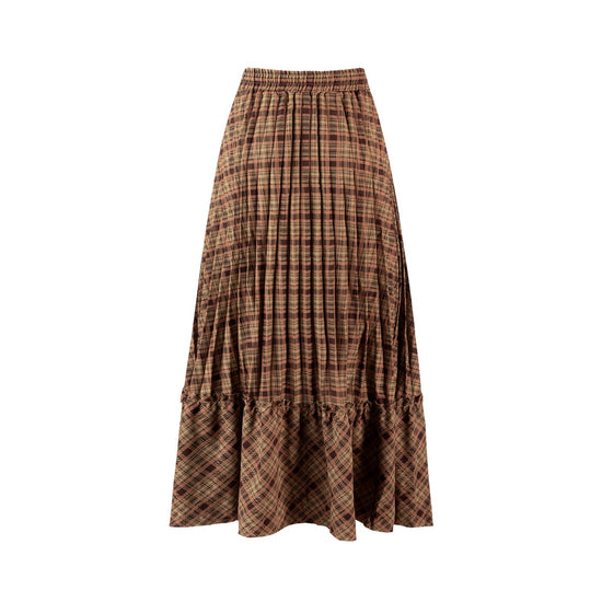 Brown Checkered Pleated Layer Skirt