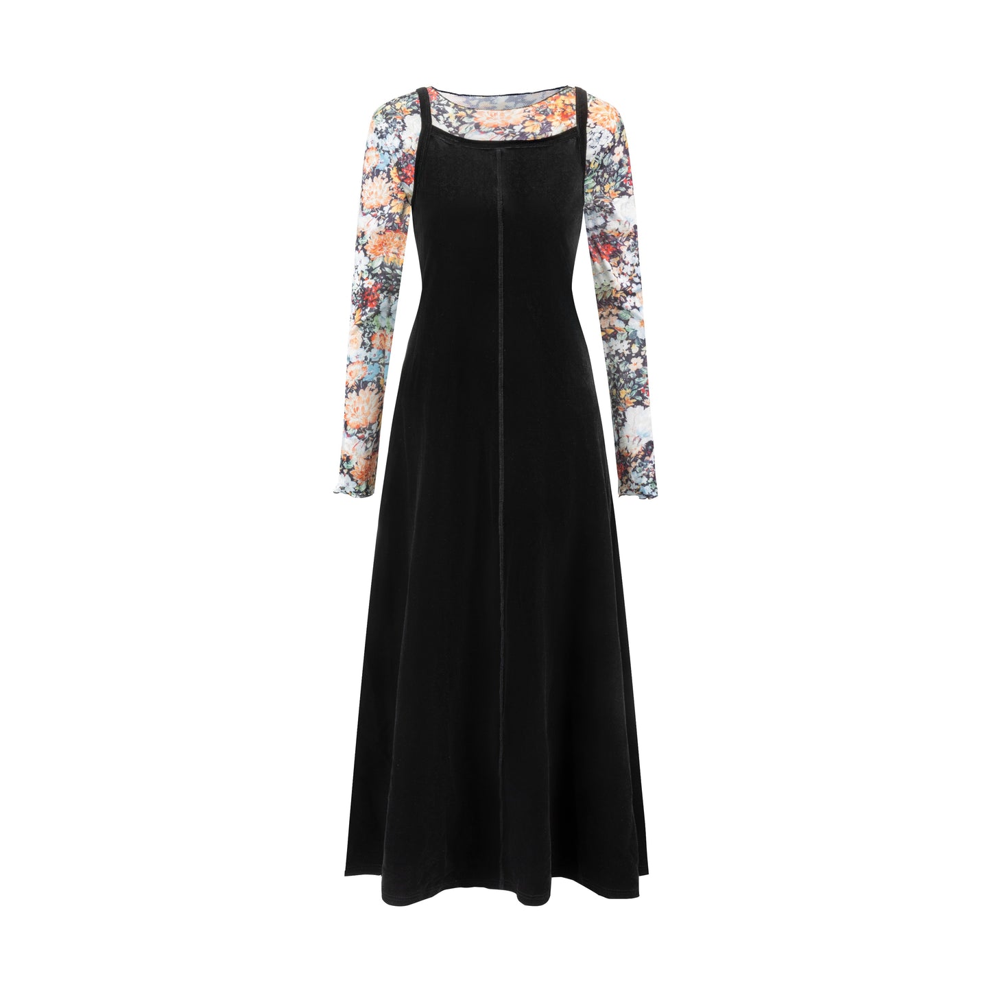 Black Velvet Jumper With Printed Mesh Underlay Dress