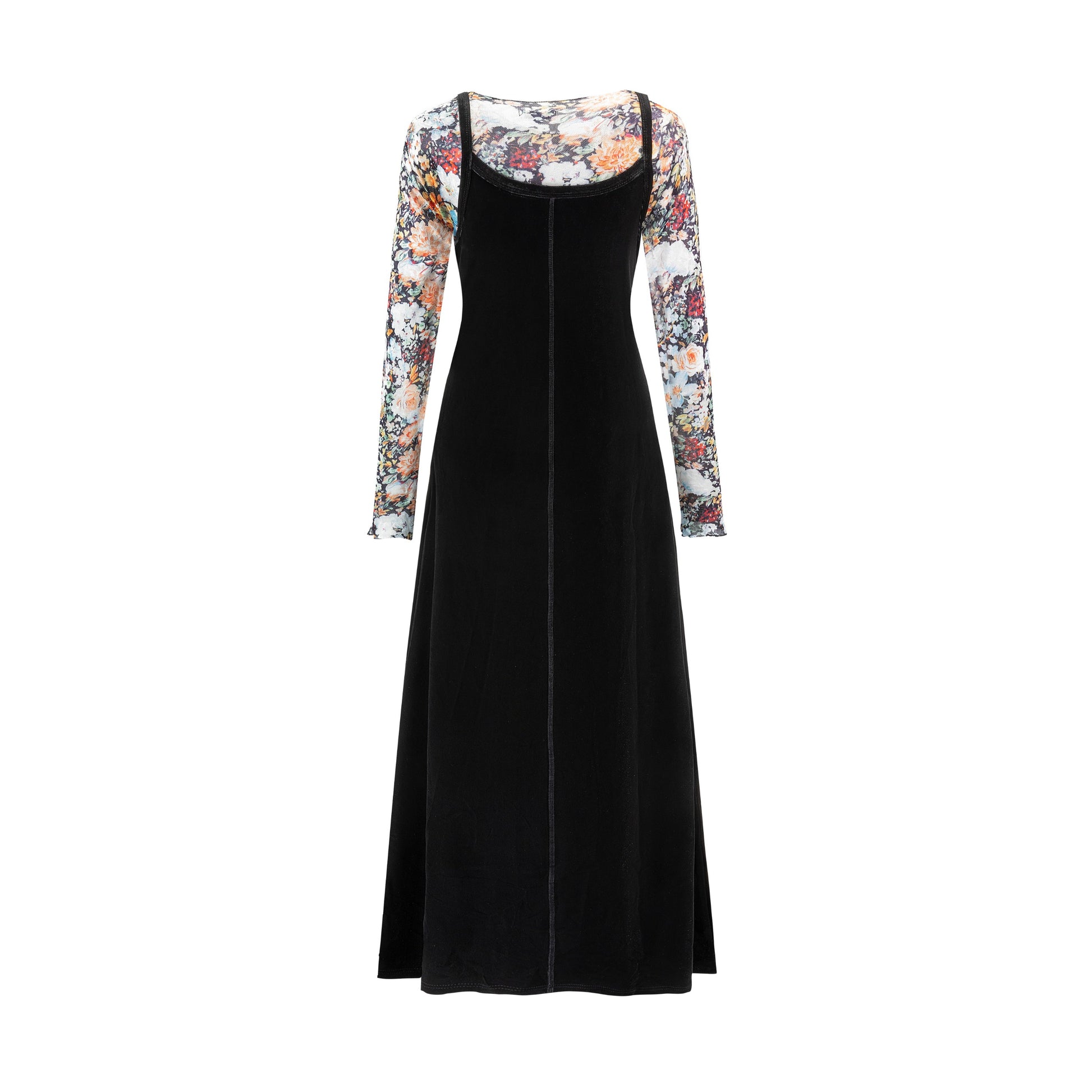 Black Velvet Jumper With Printed Mesh Underlay Dress