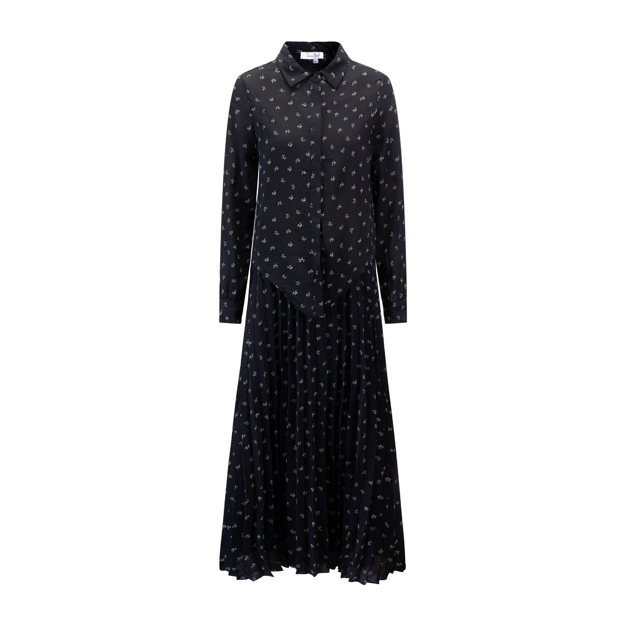 Black Floral Pleated Jumper Dress With Matching Shirt Overlay