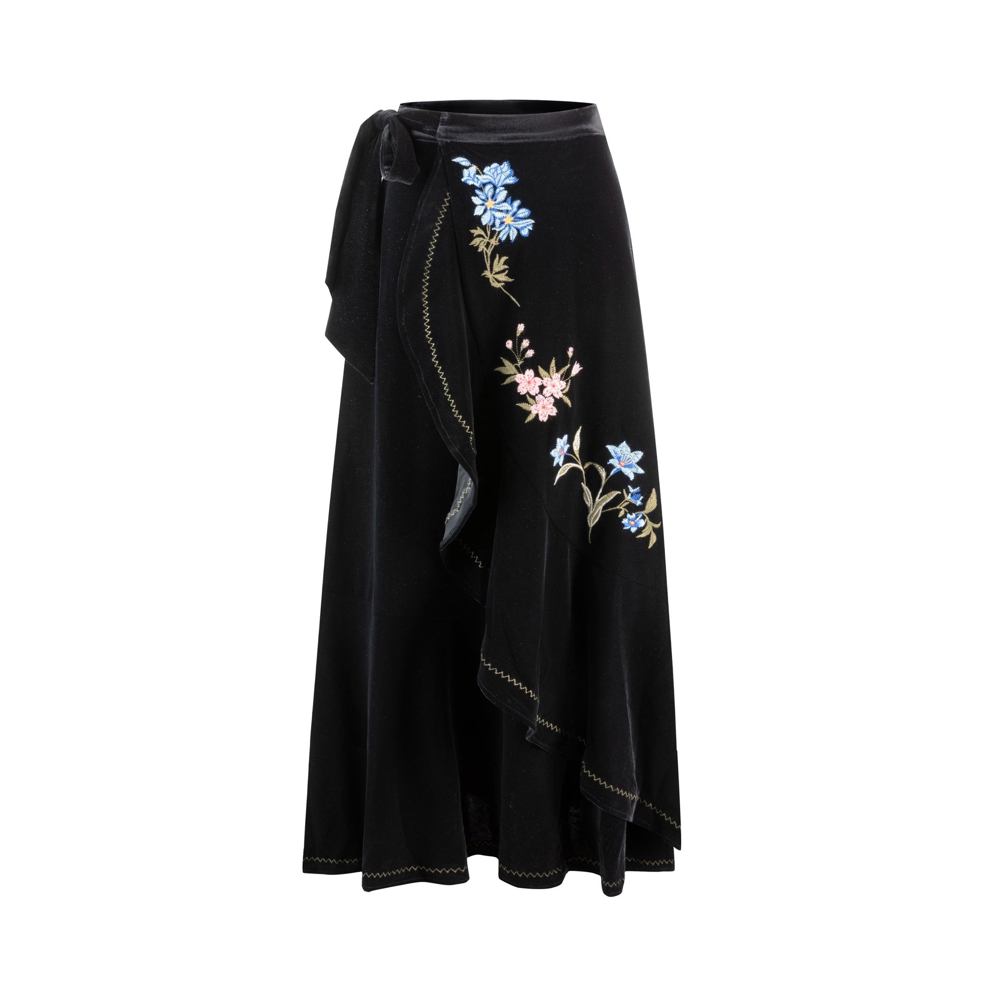 Black Velvet Flower Embroidery Wrap Skirt