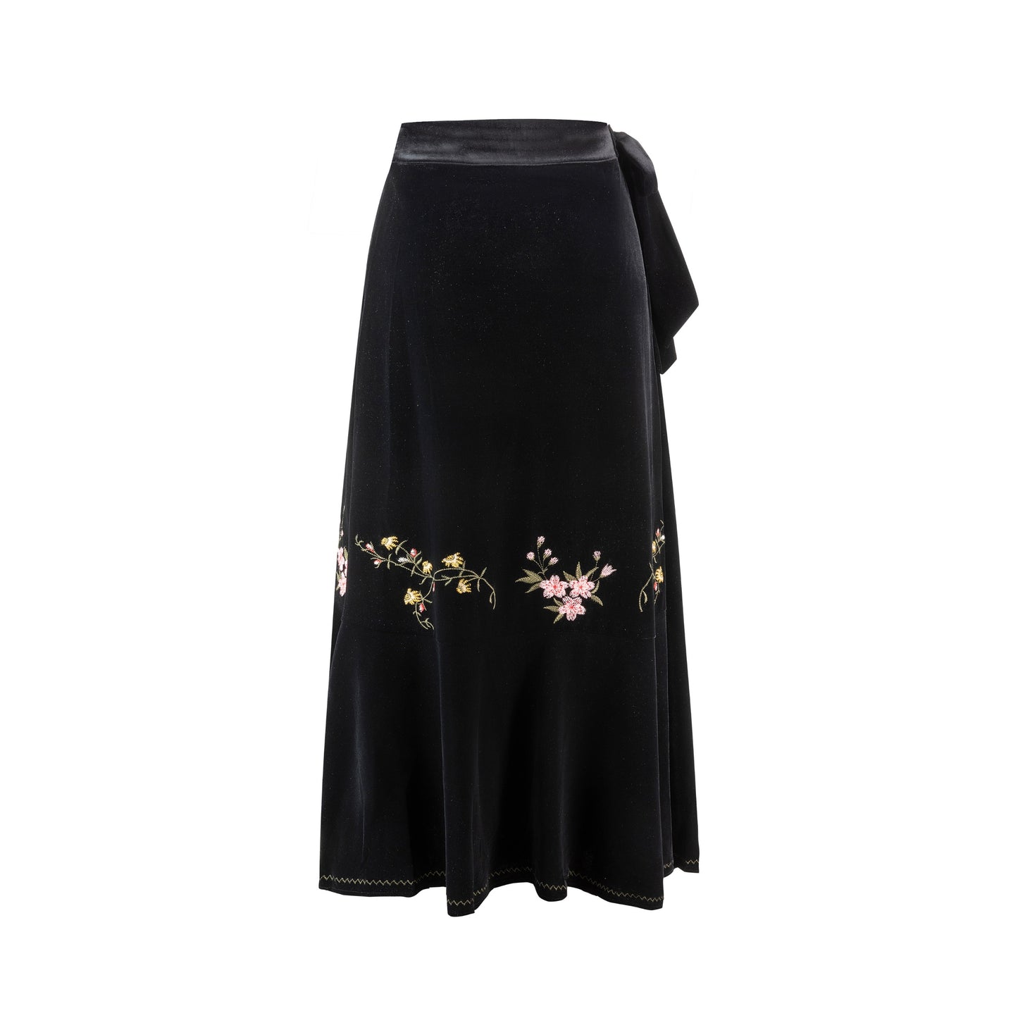 Black Velvet Flower Embroidery Wrap Skirt