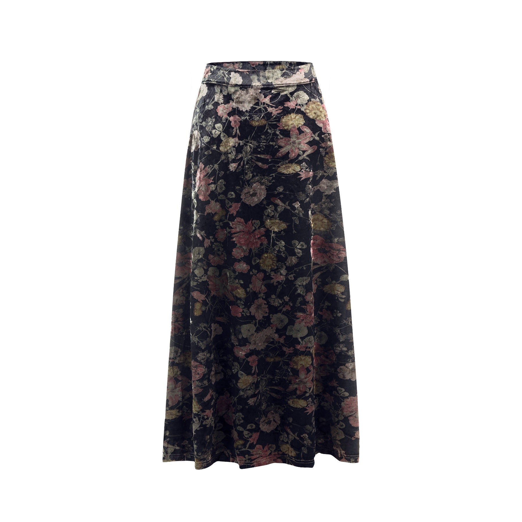 Black Velvet Floral Printed Skirt