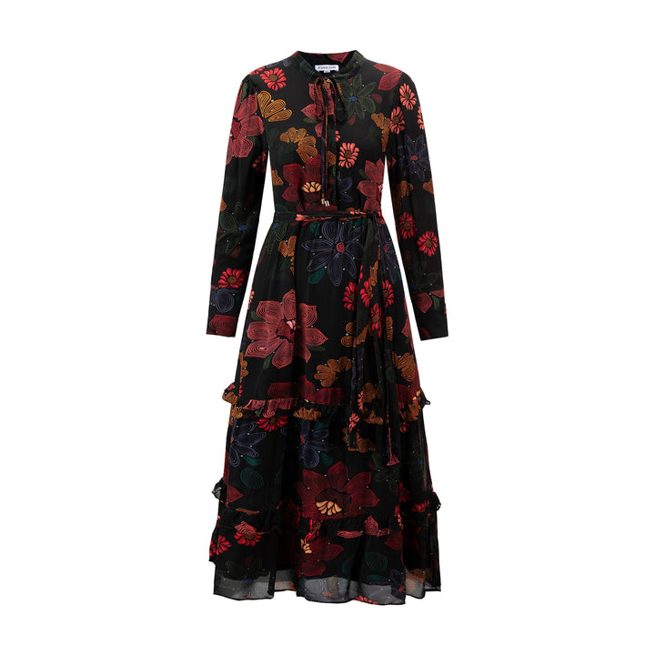 Black Big Flower Printed Tiered Dress