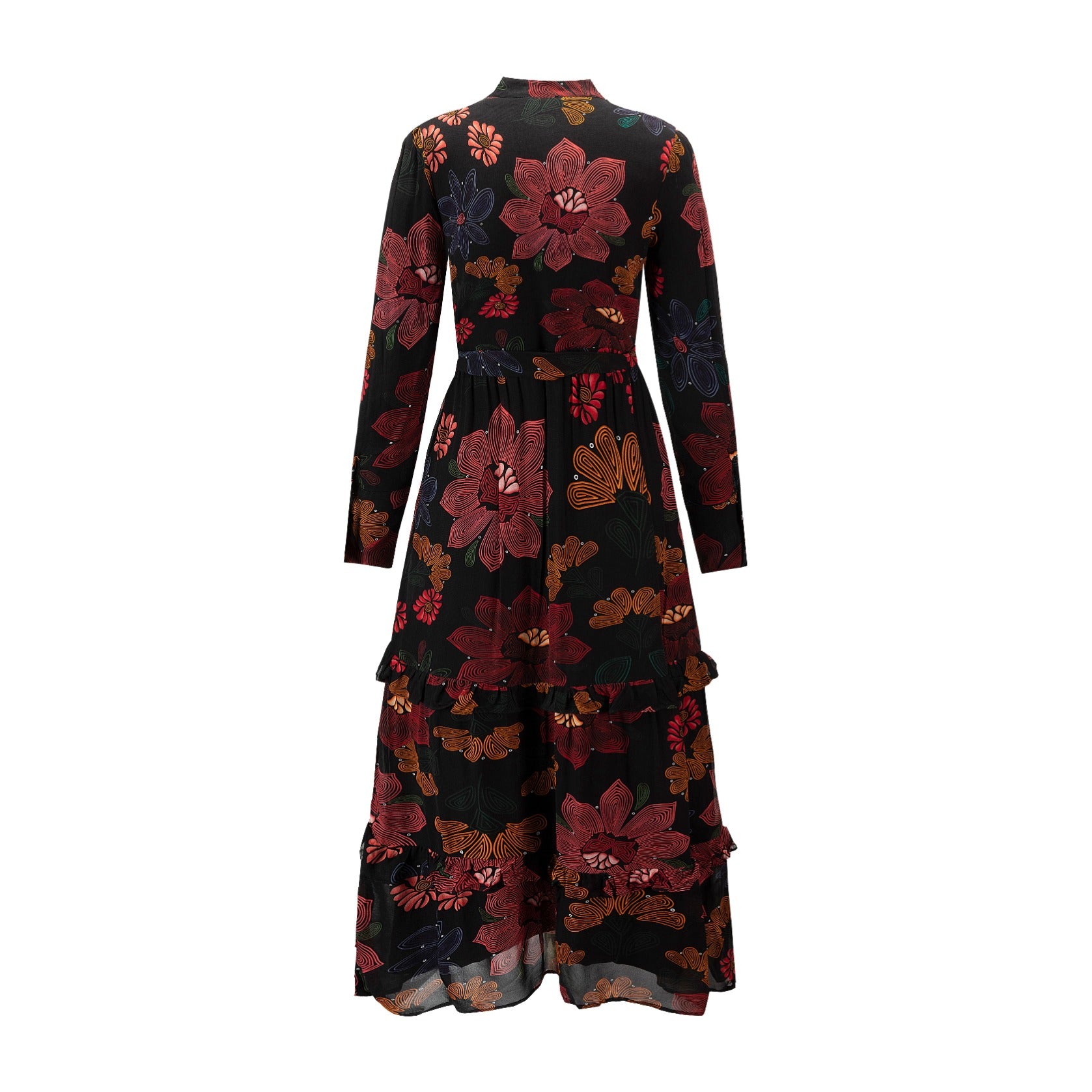 Black Big Flower Printed Tiered Dress