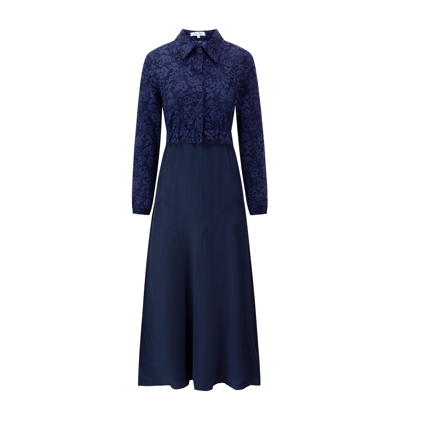 Solid Navy Dress With Lace Top Overlay