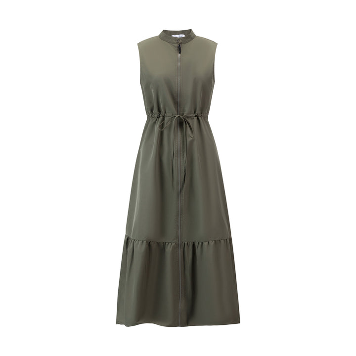 Olive Solid Sleeveless Dress With Exposed Zipper