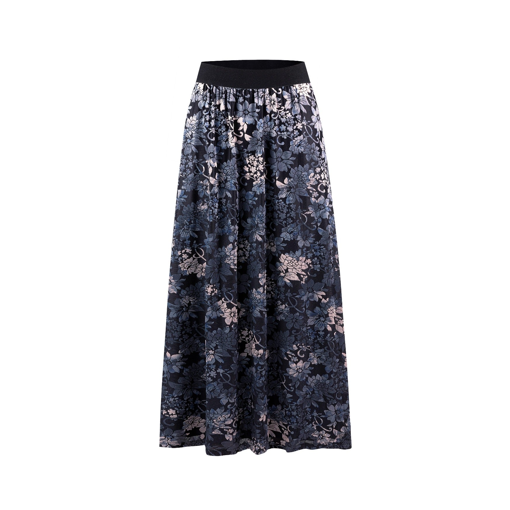 Black Printed Velvet Skirt With Elastic Waistband