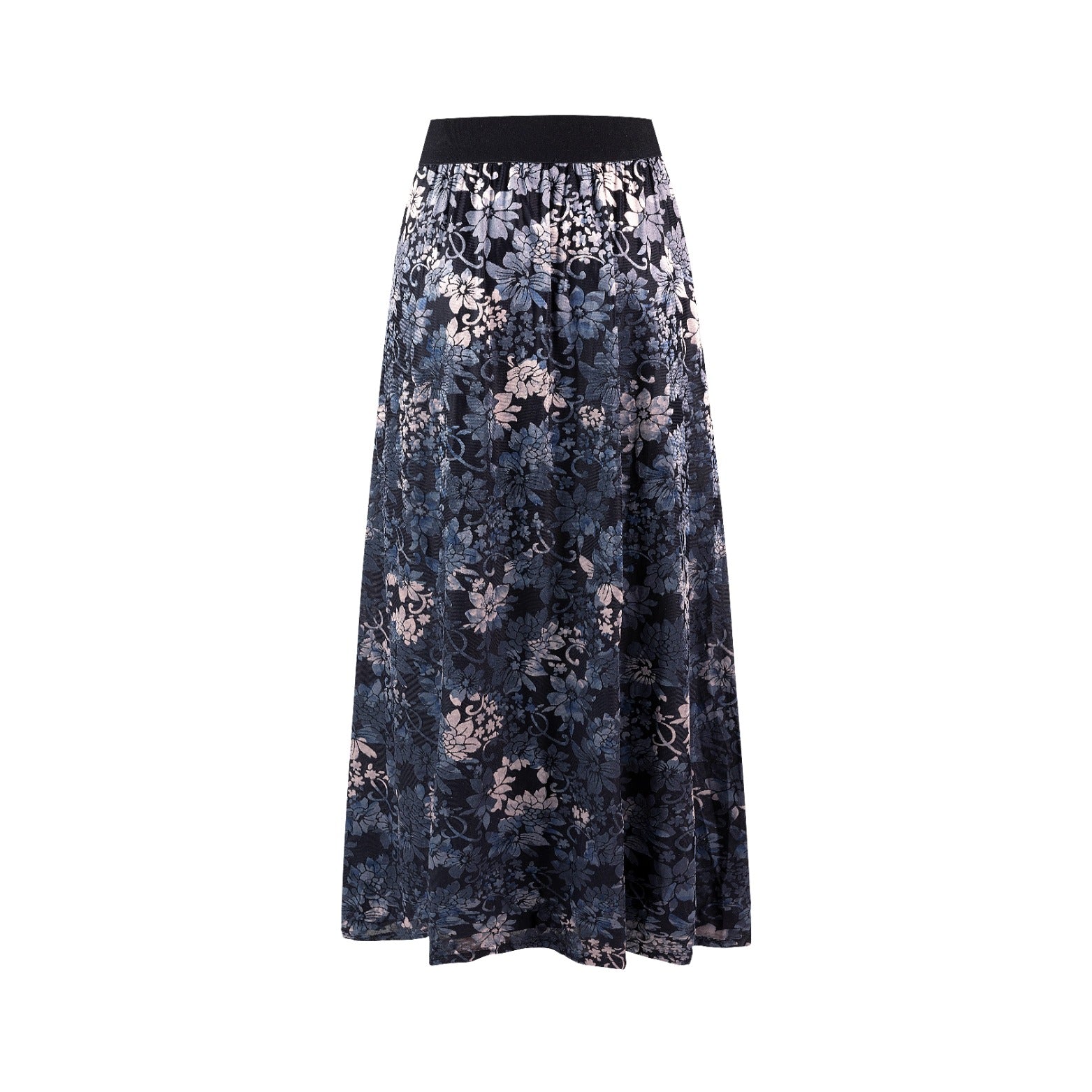 Black Printed Velvet Skirt With Elastic Waistband