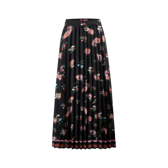 Black Base Red Paisley Printed Pleats Skirt