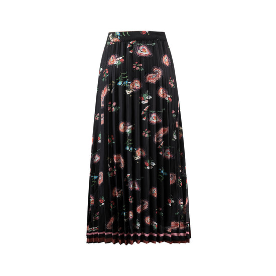 Black Base Red Paisley Printed Pleats Skirt