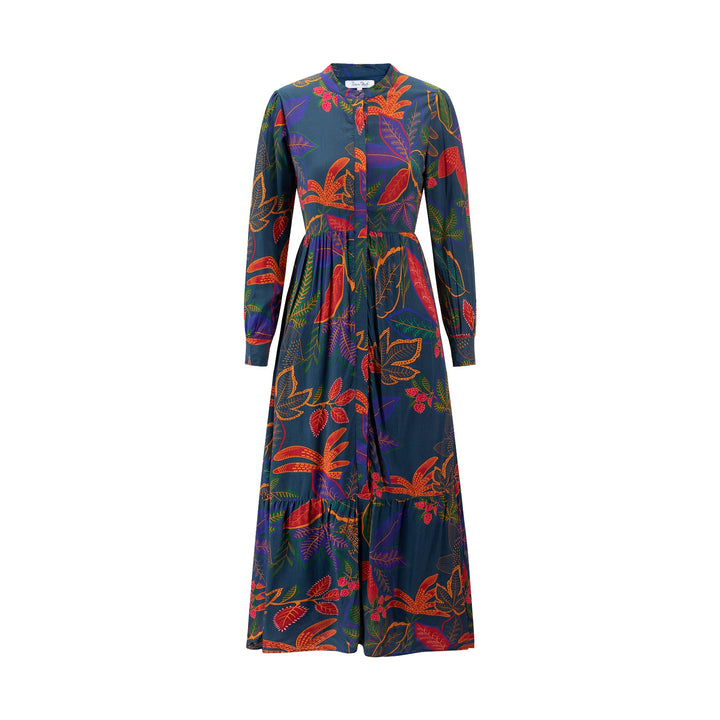 Navy With Multicolor Leaves Printed Dress