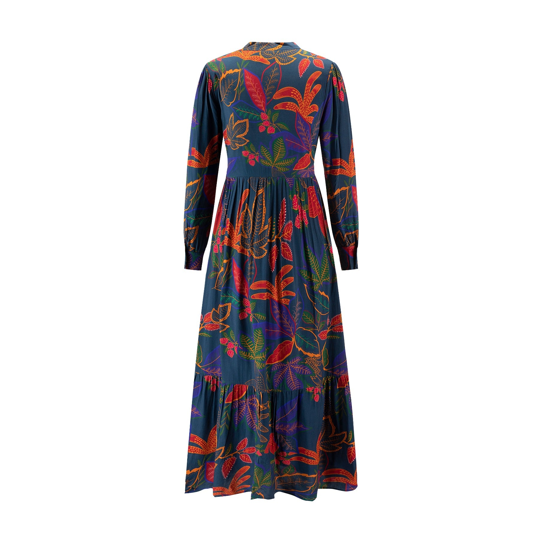 Navy With Multicolor Leaves Printed Dress