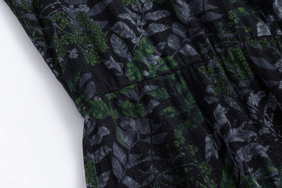 Black Chiffon Dress With Darker Green Printed Leaves