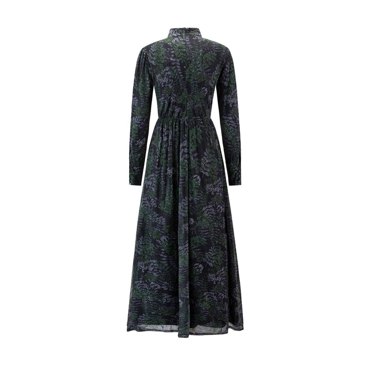 Black Chiffon Dress With Darker Green Printed Leaves