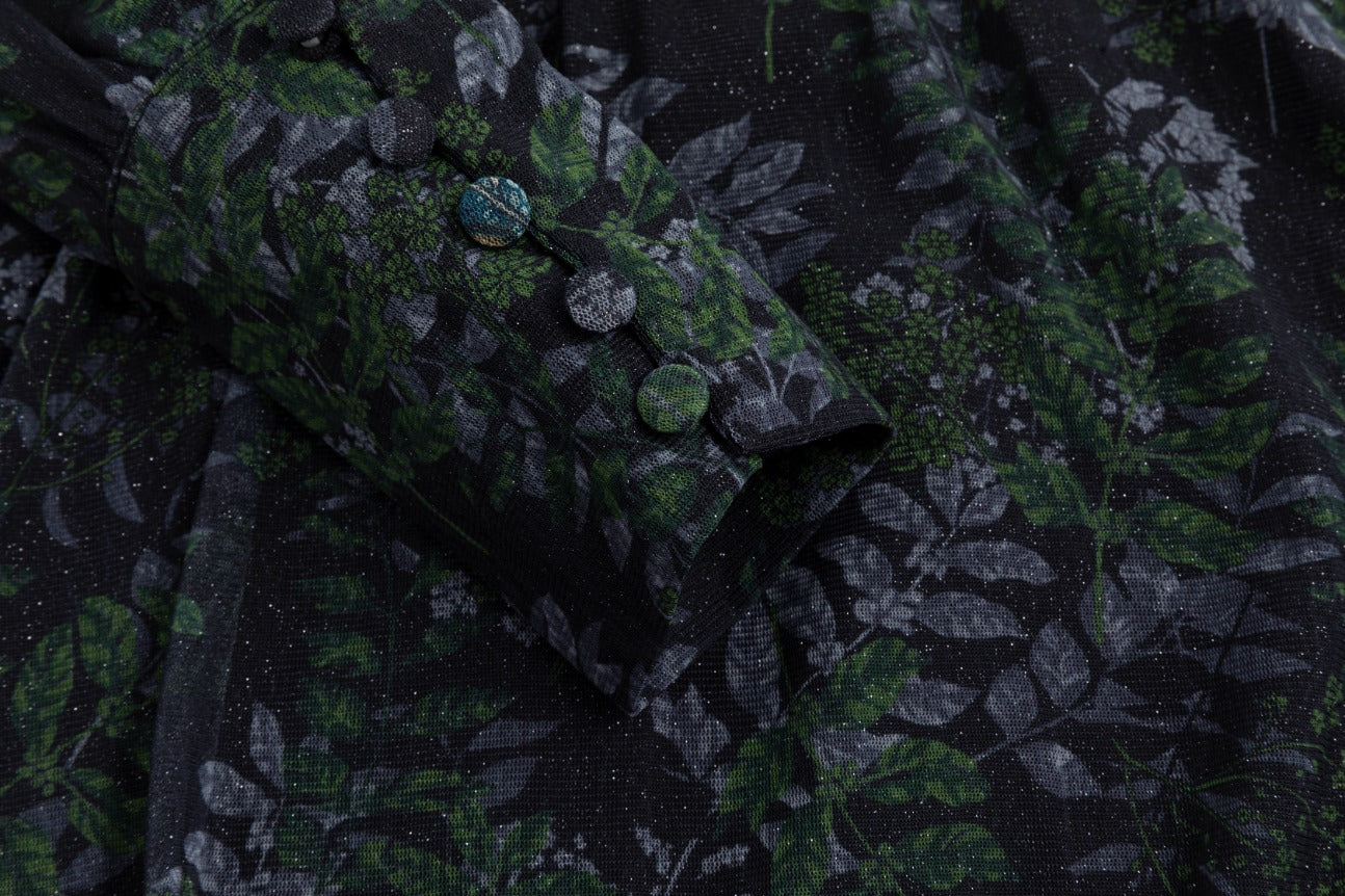 Black Chiffon Dress With Darker Green Printed Leaves