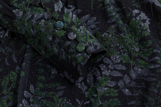 Black Chiffon Dress With Darker Green Printed Leaves