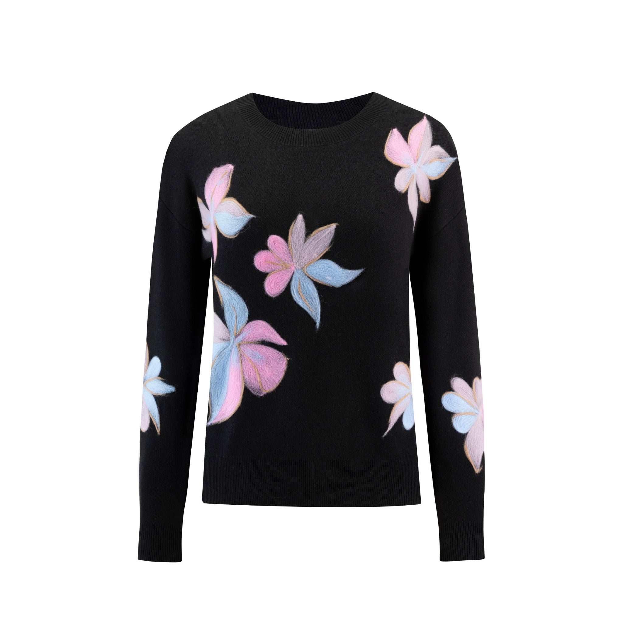 Black Knit Sweater With Pastel Colored Flowers