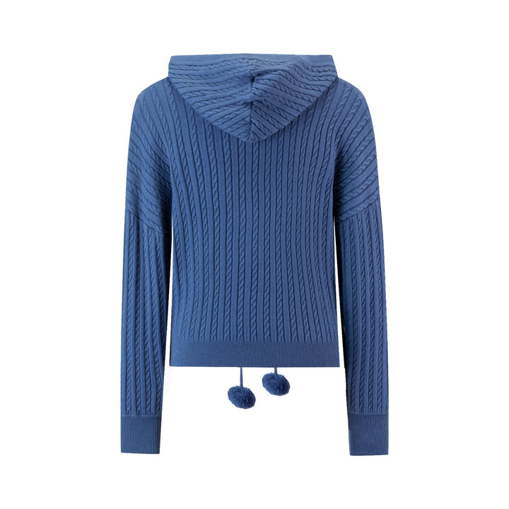 Blue Cableknit Sweater With Pom Poms