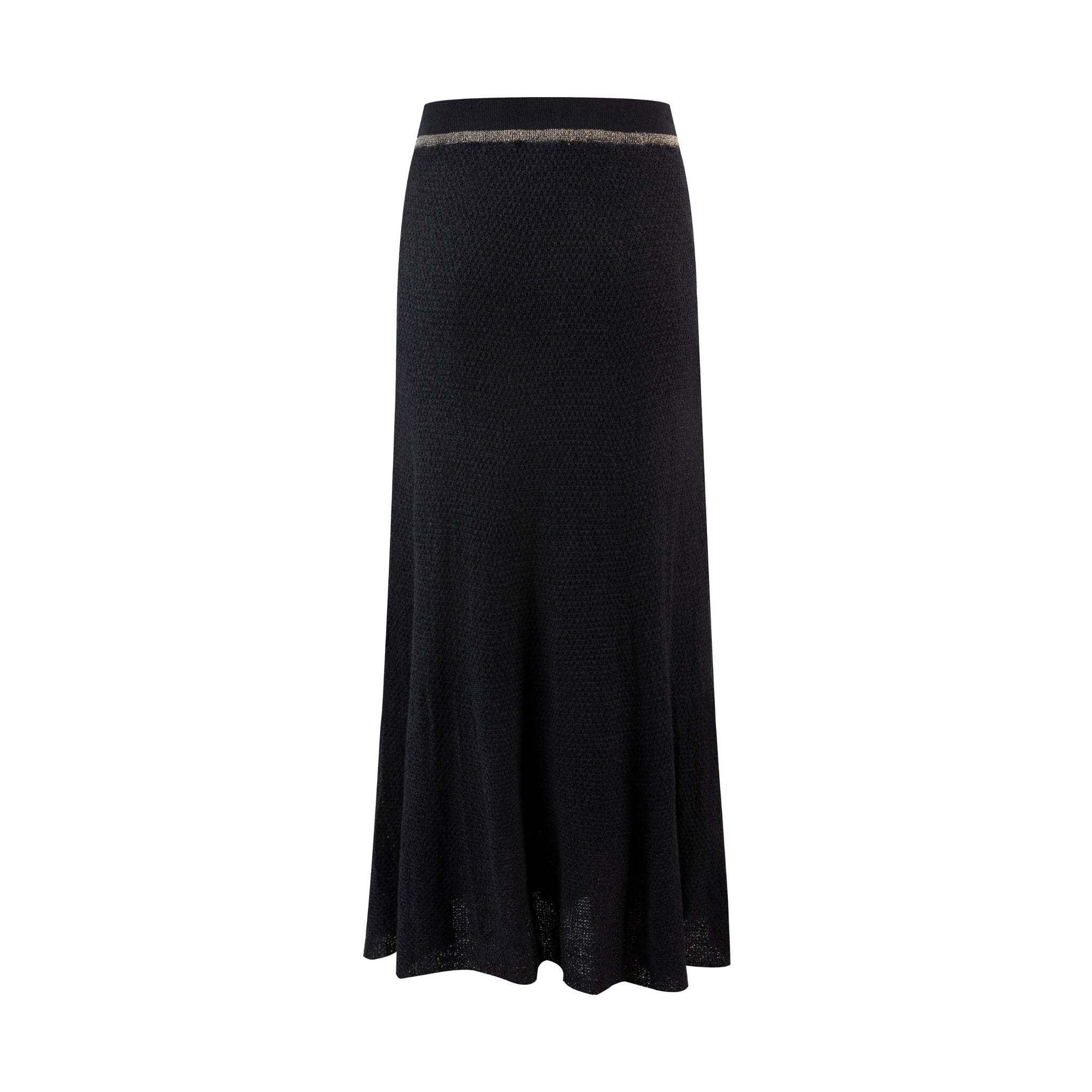 Black Knit Skirt With Gold Metallic Waistband And Trimmings