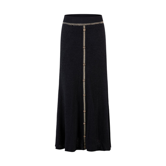 Black Knit Skirt With Gold Metallic Waistband And Trimmings