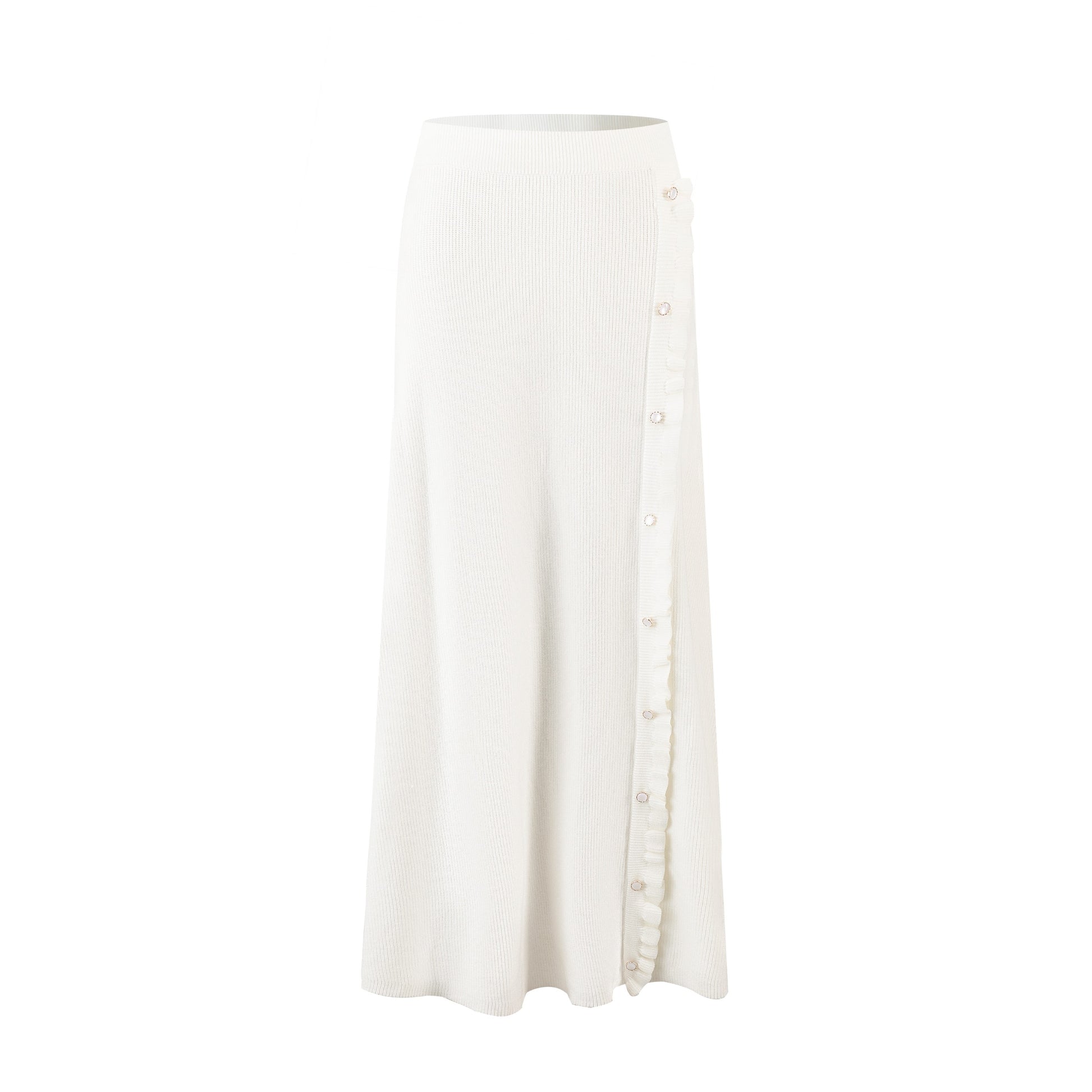 Beige Long Knit Skirt With Ruffle Down Side