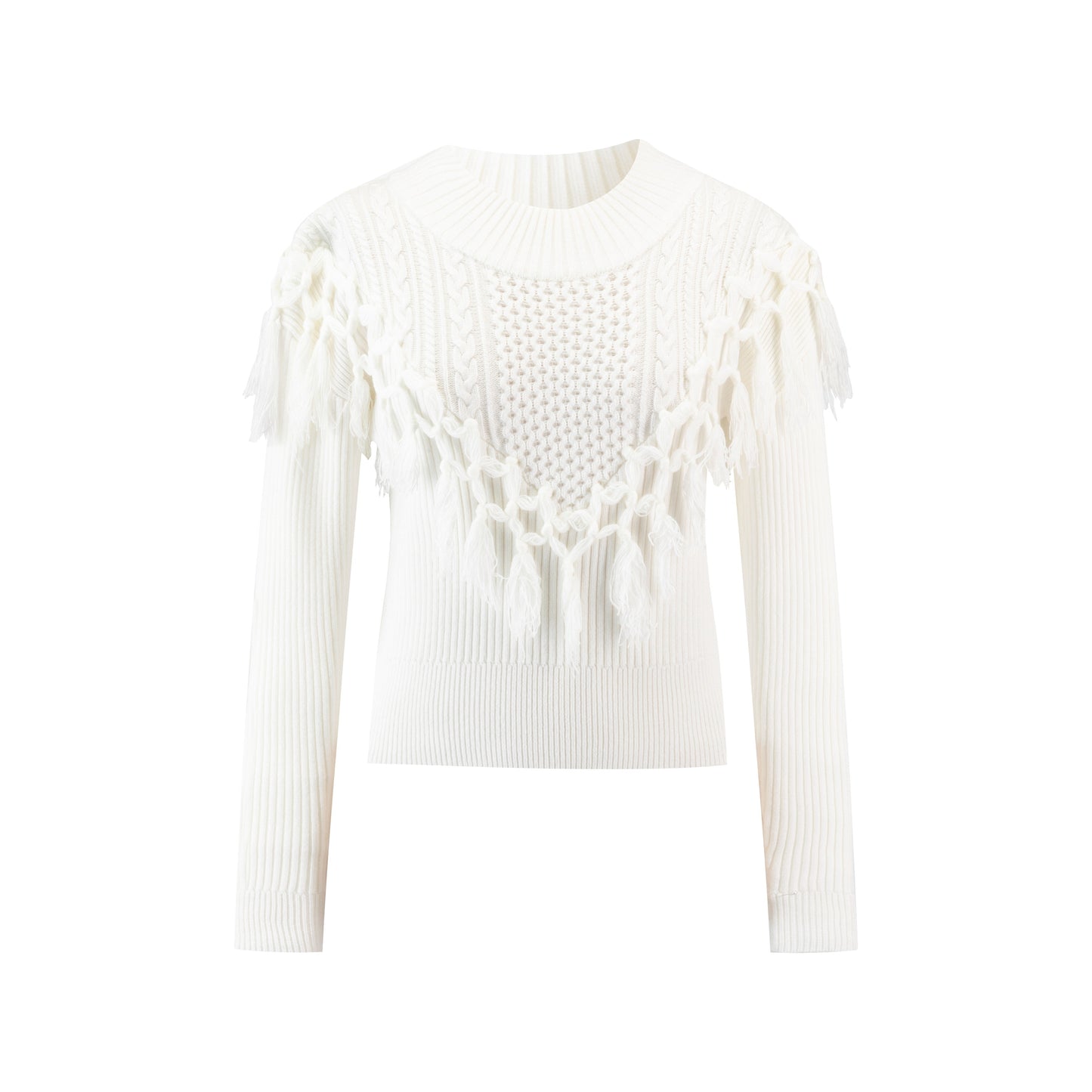 Ivory Knit Top With Fringes Overlay