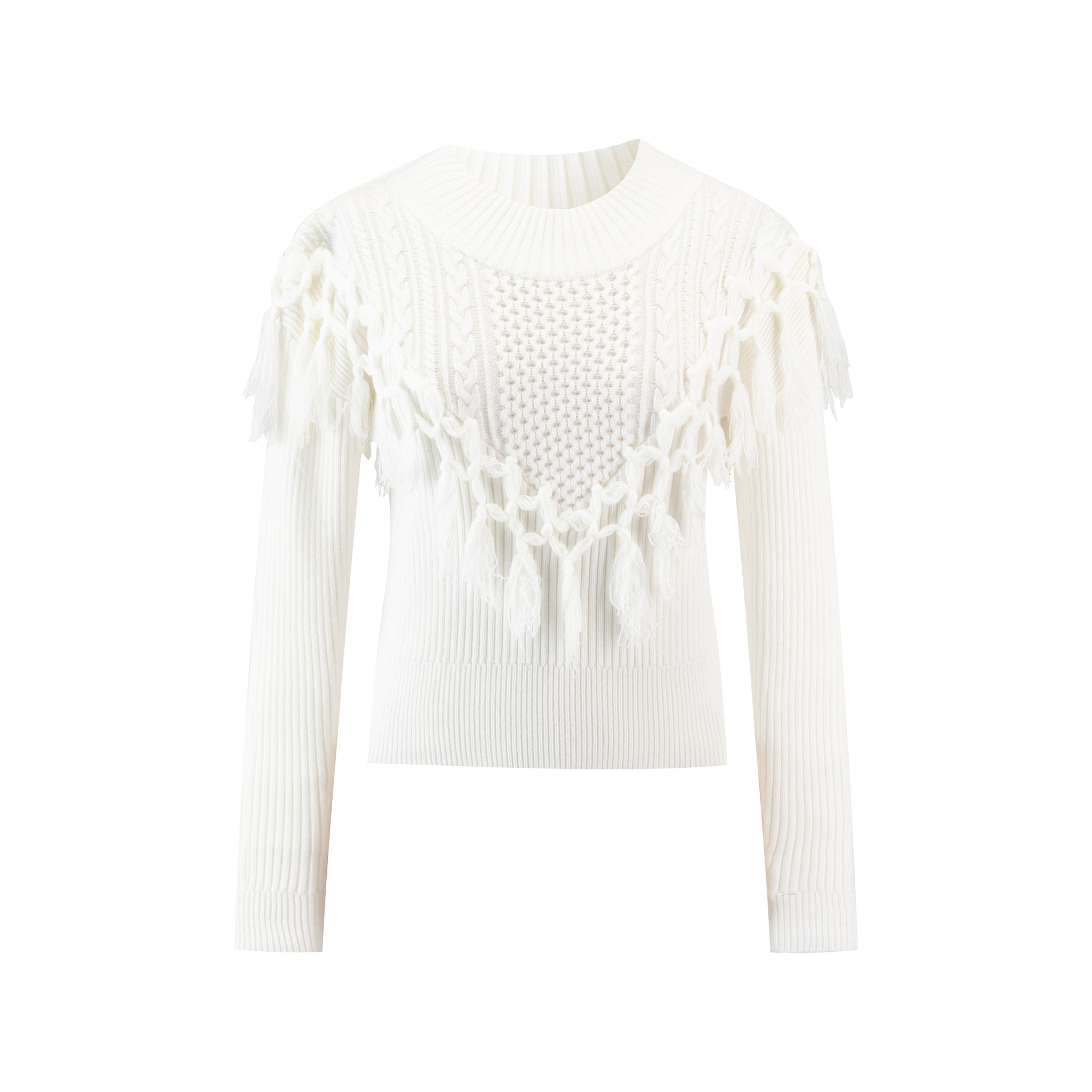 Ivory Knit Top With Fringes Overlay