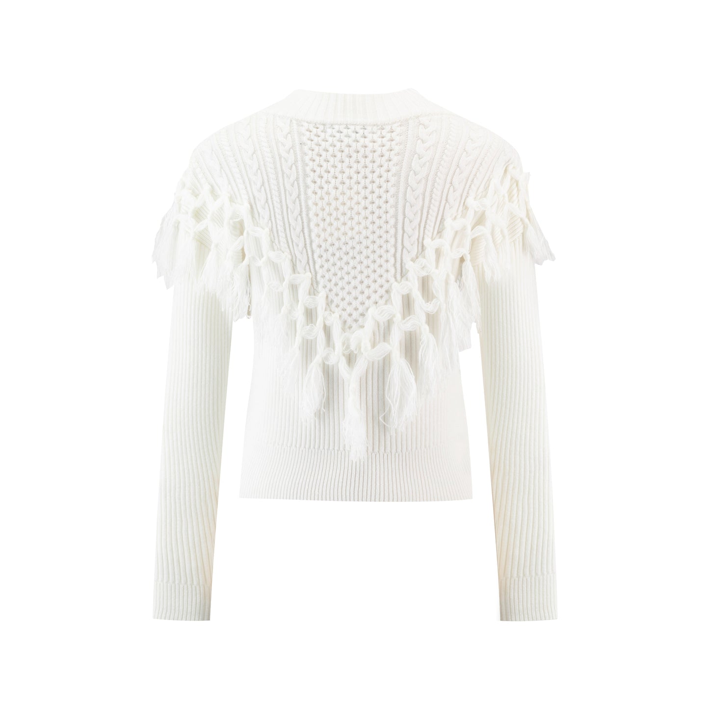 Ivory Knit Top With Fringes Overlay