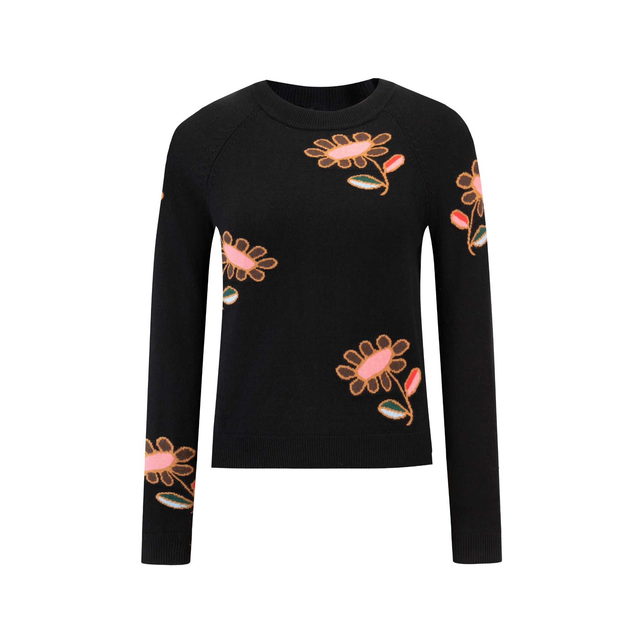 Black Knit Sweater With Pink Flowers