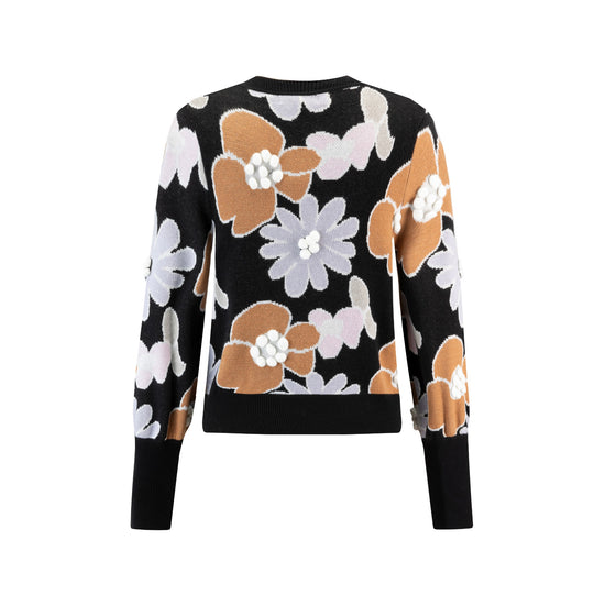 Black Sweater With Flowers And Pom Poms