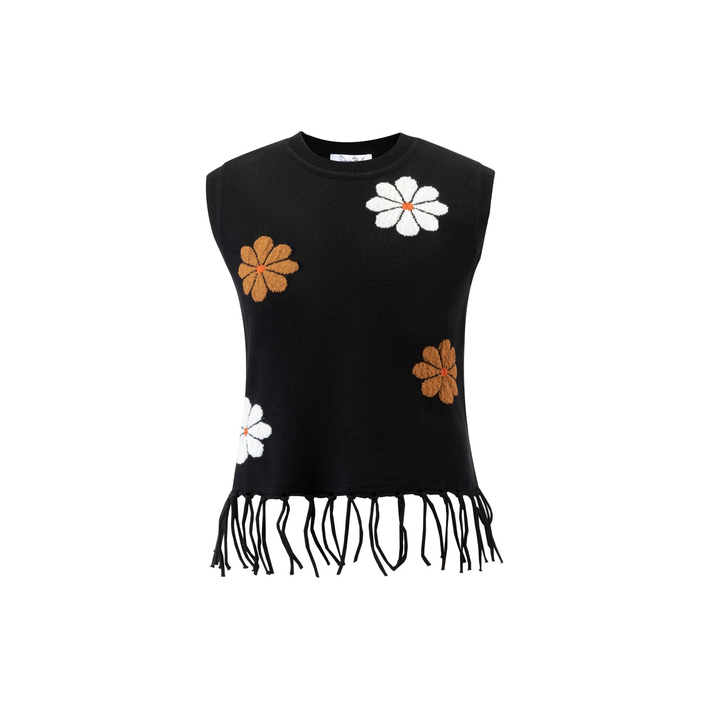 Knit Vest With Flowers And Fringe Hem