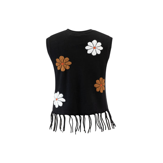 Knit Vest With Flowers And Fringe Hem