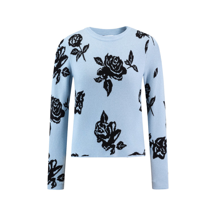 Blue Knit Sweater With Flowers