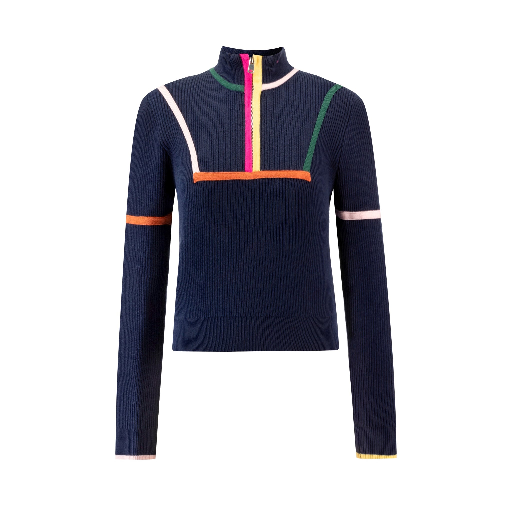 Navy Knit Half Zip With Multicolored Trims