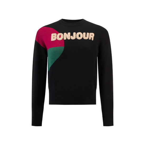 Black Knit Sweater With "Bonjour" Written Across