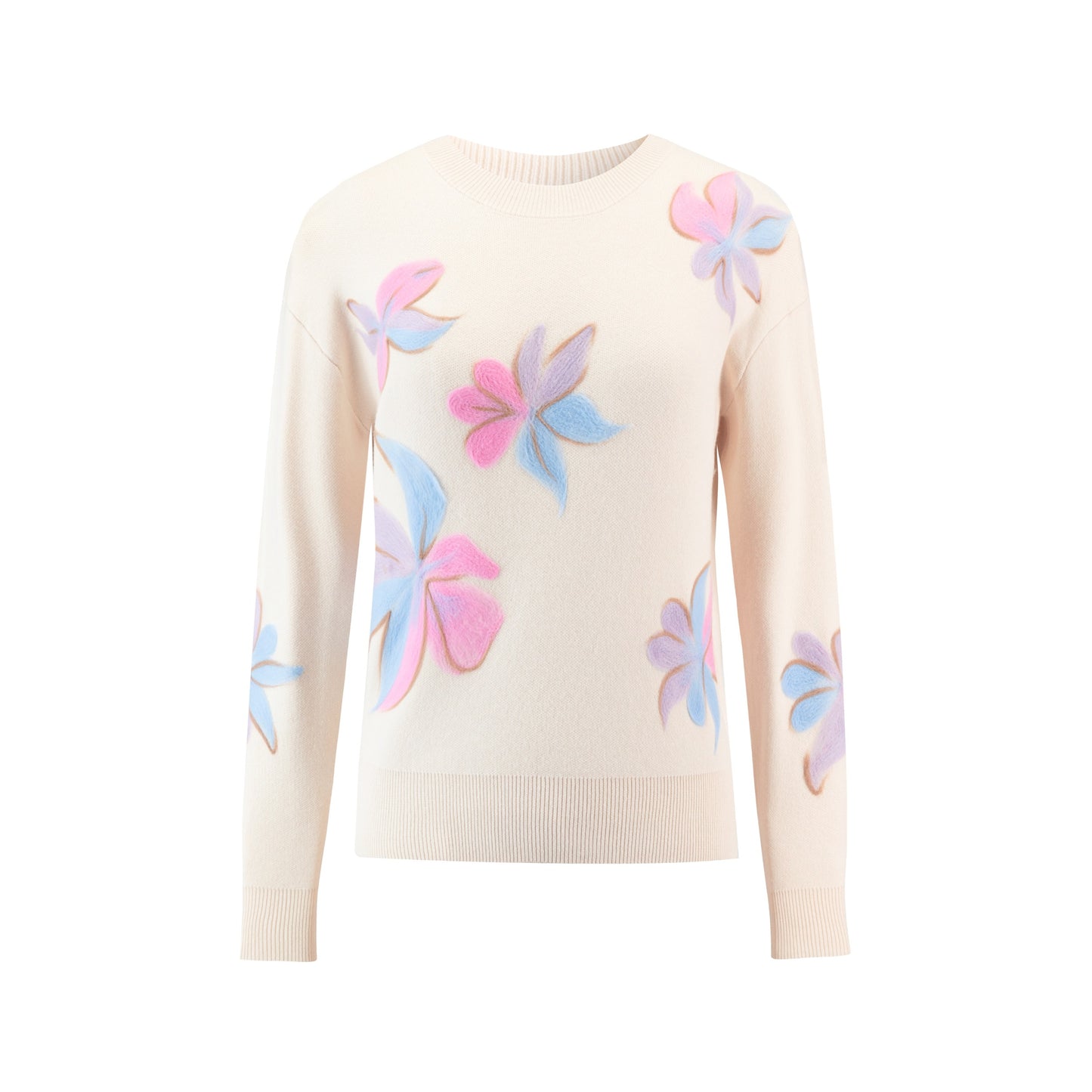 Ivory Knit Sweater With Pastel Colored Flowers