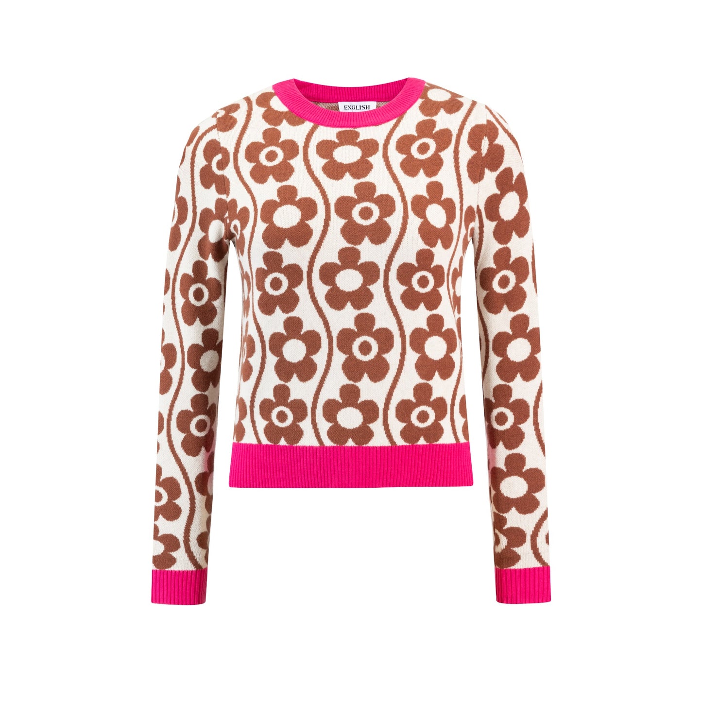 Ivory And Brown Flower Printed Sweater With Pink Trims