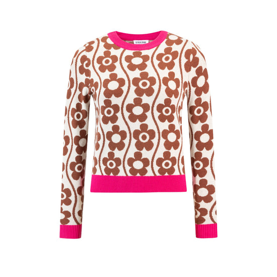 Ivory And Brown Flower Printed Sweater With Pink Trims