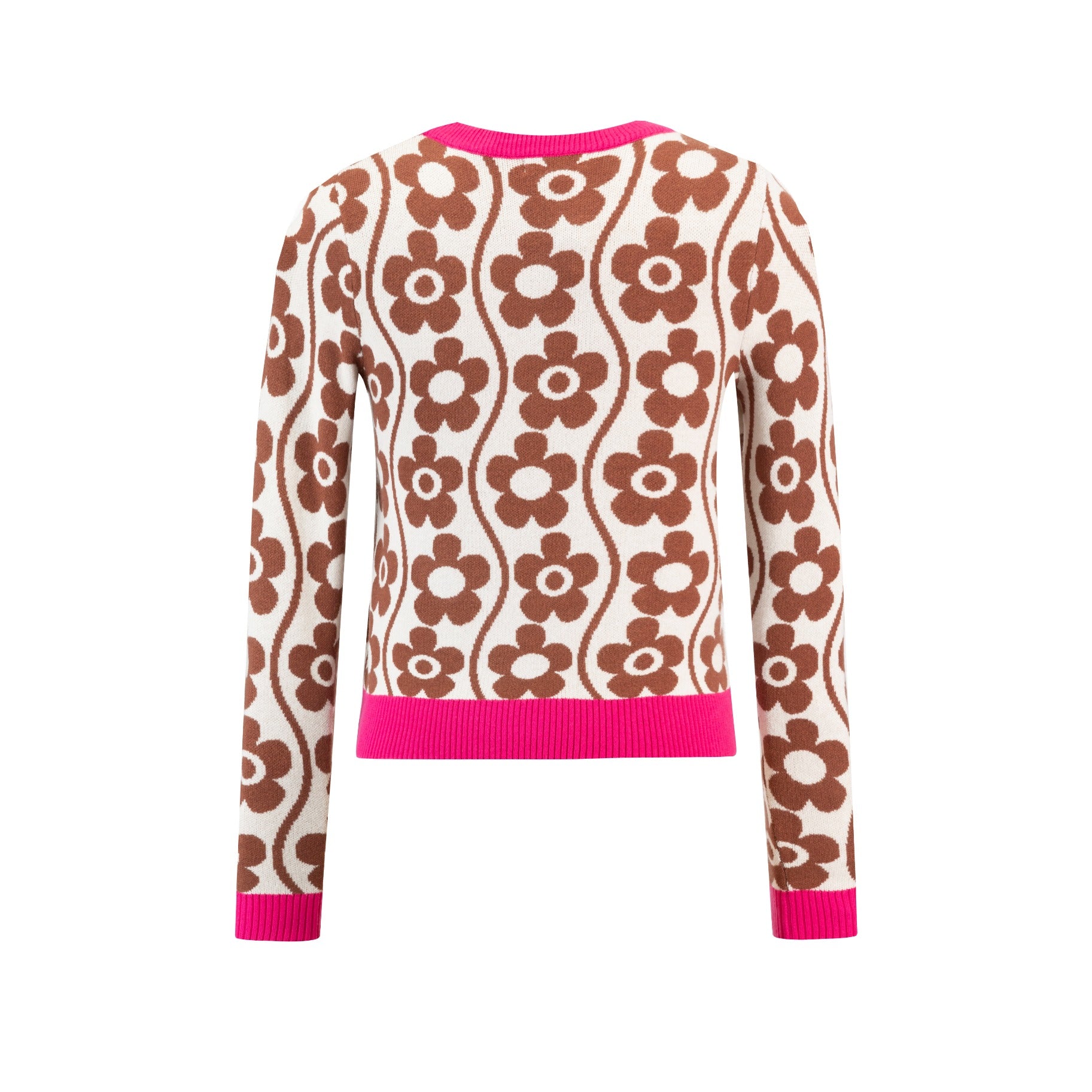 Ivory And Brown Flower Printed Sweater With Pink Trims