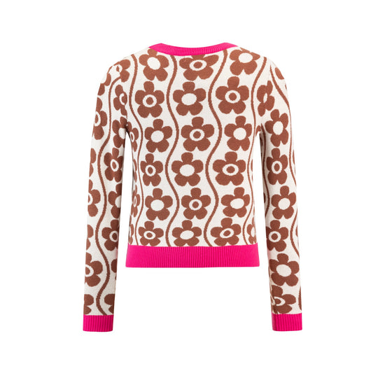 Ivory And Brown Flower Printed Sweater With Pink Trims